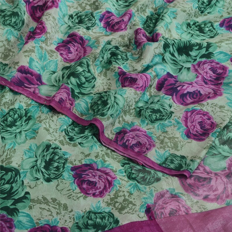 Vintage Saree Blend Crepe Green & Pink Digital Printed Saree 6Yd Craft Fabric For Crafting, Upcycling, or Even Wearing KreatvKraft image 9