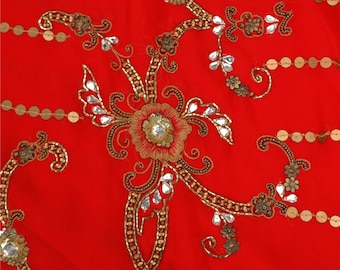 Vintage Sari Georgette Red Sarees Hand Beaded Sequins Ethnic 6yd Craft Fabric  Add-Elegance to Table Linen, Curtains, Cushions KreatvKraft