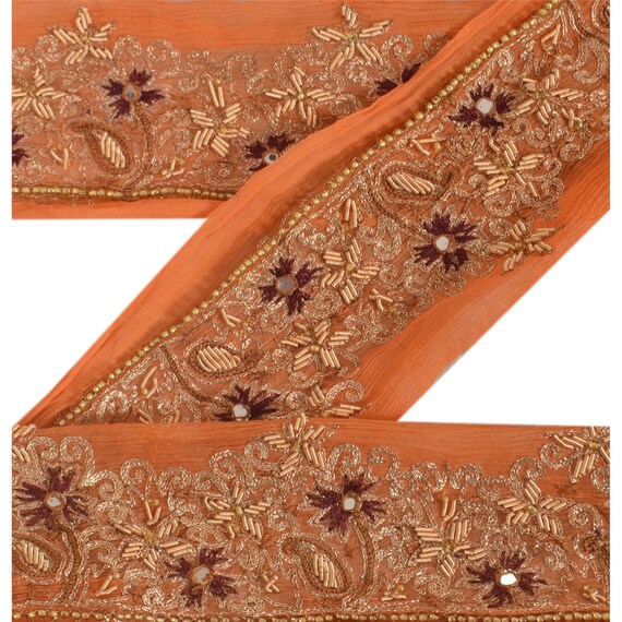 KreatvKraft Hand Beaded Zardozi Sari Border: Vintage Indian Chiffon Trim, Orange Lace (1 Yd)