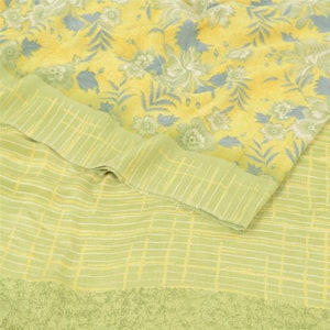 Vintage 100% Pure Crepe Silk  Lemon Green Printed  Saree  5Yd Craft Fabric upholstery fabric KreatvKraft
