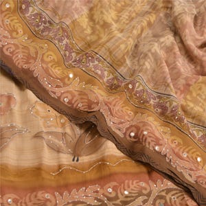 Vintage Multicolor Saree 100% Pure Crepe Silk Printed Hand Embroidered Sequins 5+Y Sari Craft Fabric Uses-Table linen, Cushions, KreatvKraft