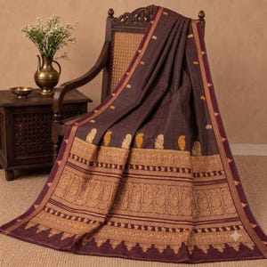 Peacock Paisely Print-Woven 100% Pure Cotton Vintage Saree Brown Sari 5+Yard Craft Fabric Home Decor, Sewing, DIY Projects By KreatvKraf