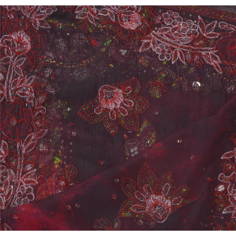 Dye KK Vintage Dupatta Long Stole Pure Chiffon Silk Red Hand Beaded Tie
