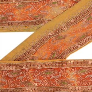 Vintage Art Silk Sari Border: Hand Beaded Orange Saffron Lace Trim by upholstery fabric KreatvKraft