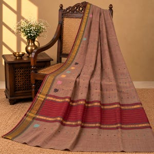 Maheshwari Zari Hand Woven Cotton Sari Fabric, Brown & Purple, Paisley Floral Design (5 Yards)