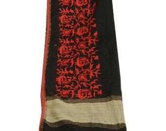 KreatvKraft Vintage Long Black Dupatta/Stole Blend Silk Embroidered Woven Scarves