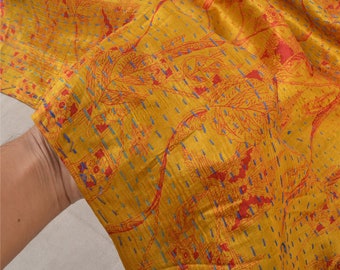 KreatvKraft Vintage Mustard Dupatta Long Stole Pure Silk Hand Embroidered Kantha