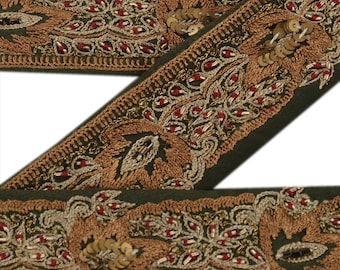 KreatvKraft Vintage Sari/Saree Border Hand Beaded Zari Zardozi Art Silk Craft Decor Trims 1 Yard Ribbon Green