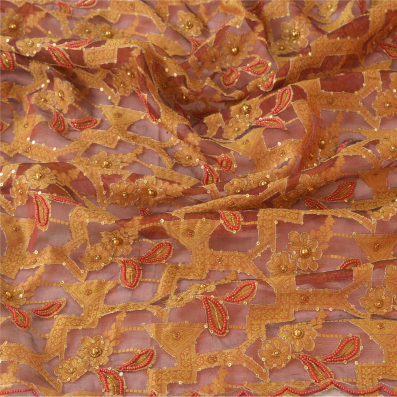 Vintage Dupatta Long Stole Organza Brown Hand Beaded Woven Scarves