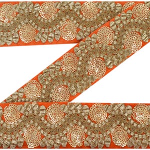 Vintage Sari/Sarees Border Embroidered 1 Yd Sewing Orange Craft Sequins Georgette Lace upholstery fabric KreatvKraft
