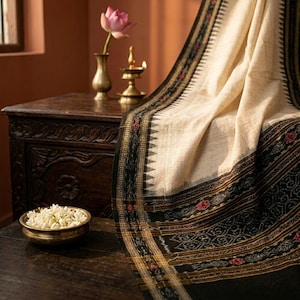 May include: A cream-colored textile with a wide black border featuring intricate geometric patterns, small red floral motifs, and a row of black triangles along the edge. The fabric has a visible weave texture and drapes in soft folds.