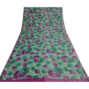 Vintage Saree Blend Crepe Green & Pink Digital Printed Saree 6Yd Craft Fabric For Crafting, Upcycling, or Even Wearing KreatvKraft image 2