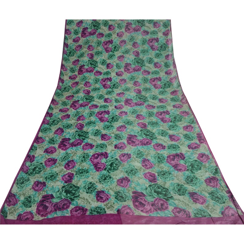 Vintage Saree Blend Crepe Green & Pink Digital Printed Saree 6Yd Craft Fabric For Crafting, Upcycling, or Even Wearing KreatvKraft image 2