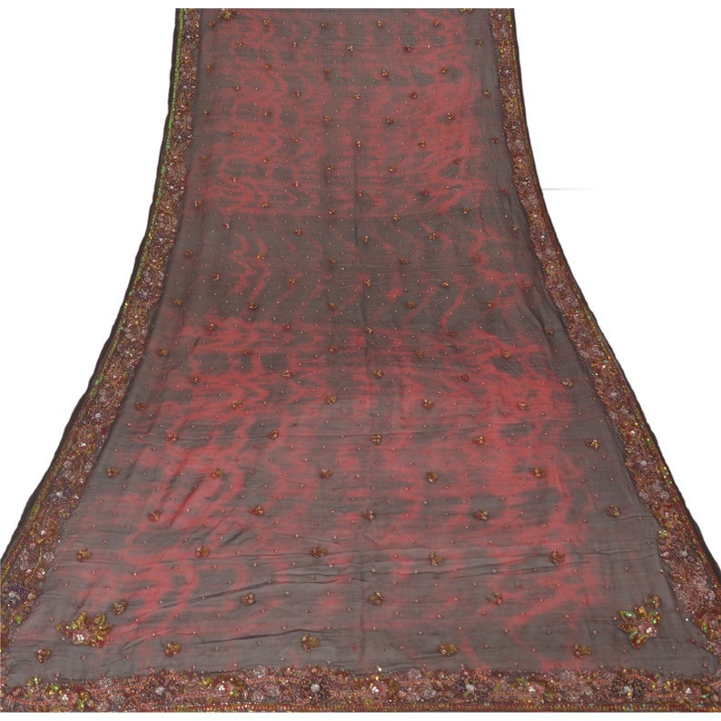 Dye KK Vintage Dupatta Long Stole Pure Chiffon Silk Red Hand Beaded Tie