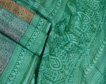 インドのヴィンテージサリーグリーンピュアシルクプリントサリー生地5