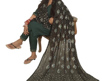 KreatvKraft Vintage Long Black Dupatta/Stole Pure Georgette Handmade Mukeish Work