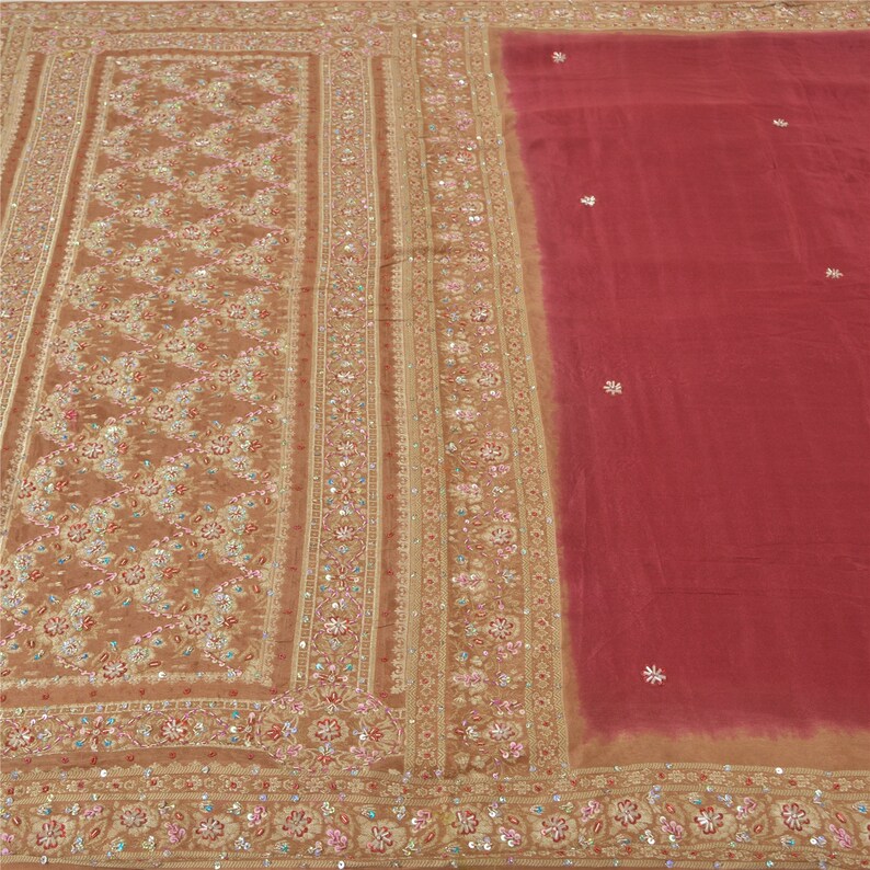 Vintage Sari 100% Pure Silk Dark Red Heavy Sarees Hand Beaded Woven 5yd Fabric