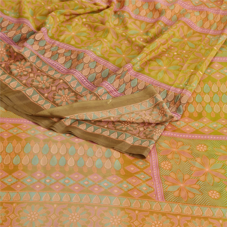 Vintage Sari 100% Pure Crepe Silk Saffron Indian Sarees Print 5yd Craft Fabric
