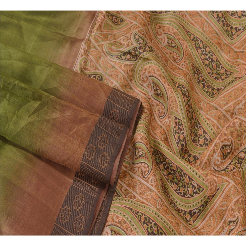 Vintage Sari 100/% Pure Silk Green Printed Sarees Floral 5 Yd Craft Fabric