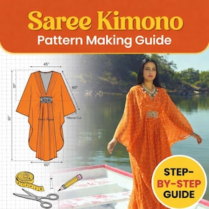 Puede incluir: Guía de patrones de Saree Kimono naranja con un diagrama de medidas. Una mujer modela un kimono naranja con un cinturón decorativo. El texto dice "Guía paso a paso".