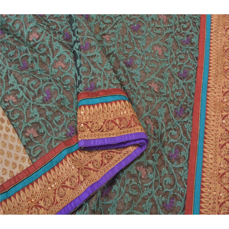 Kreatvkraft Vintage Saree 100% Pure Chanderi Silk Net Mesh Ivory ...