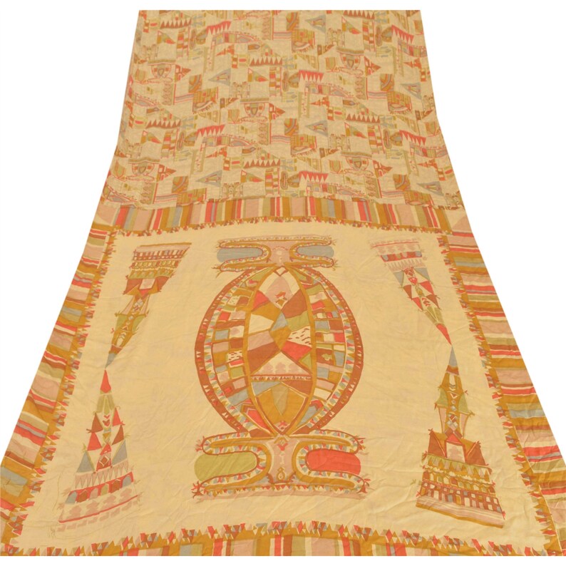 Vintage Sari 100/% Pure Silk Cream Sarees Printed Craft 5 Yard Decor Fabric