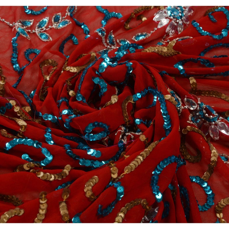 KK Vintage Multicolor Saree Art Silk Hand Beads Craft Premium Sari Fabric 5 Yard
