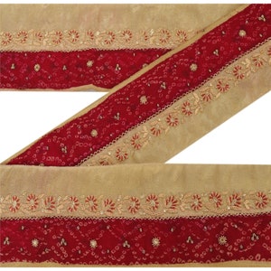 KreatvKraft Saree Vintage/Sari Bandhani Bordatura con Perline Fatte a Mano 1 Yd Oro/Rosso Scuro Tessuto di Pizzo per Cucito Artigianale Zardozi