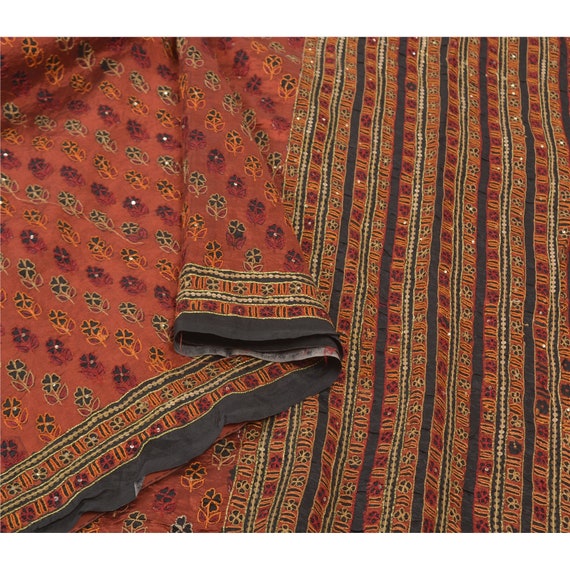 Vintage Sari 100% Pure Georgette Silk Sarees Hand Beaded Human Printed 5yd Fabric