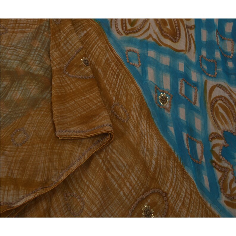 KK Vintage Brown Saree Blend Georgette Hand Beaded Craft 5 Yd Fabric Sari