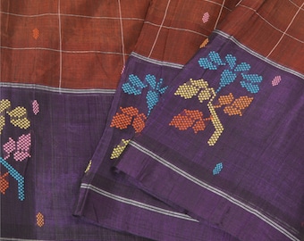 Tela de sari de algodón puro tejida a mano: Marrón, morado, bordado floral (5 yardas)