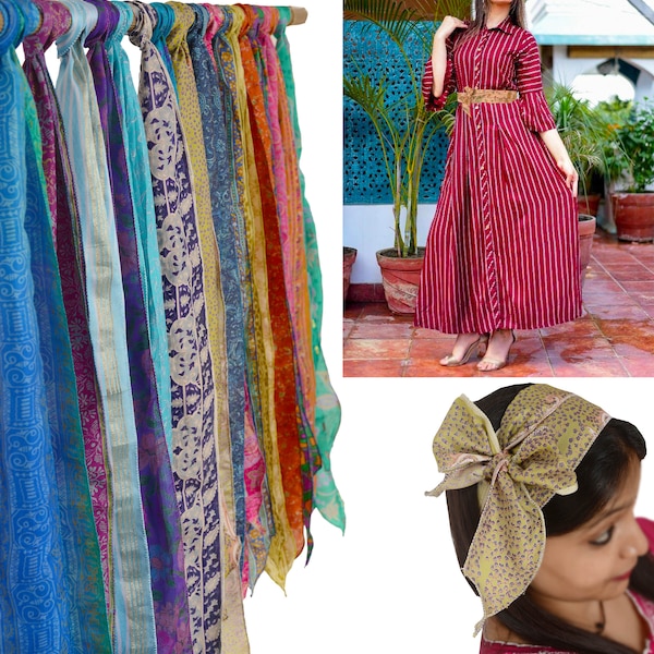 Lote al por mayor de fajas de sari recicladas de seda pura vintage Envoltura para la cabeza Bufanda para corbata Cinturón y fajas de seda Fabricación de telas suaves Uso de fajas de seda