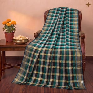 Hand Woven Chettinad Zari Cotton Saree Fabric, Blue-Black Checkered, 5+Yards (Craft Fabric)