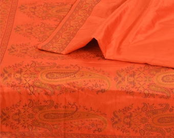KreatvKraft Vintage Saree 100% Pure Silk Orange Sarees Indian Wedding Hand Woven Sari 5Yrd Fabric Indian Heritage Textile Craft Supplies