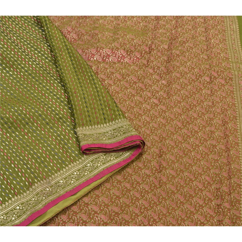 Vintage Sari 100/% Pure Satin Silk Green Heavy Saree Banarasi Tanchoi 5 yard Fabric