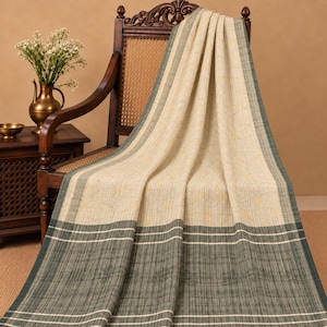 Woven-Printed 100% Pure Woolen Vintage Saree Cream-Black Sari 5.5+Yd Craft Fabric Sewing, Upcycling, Dress Making  Textle By KreatvKraft