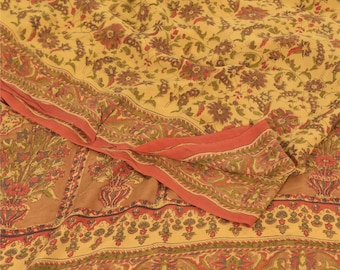 Vintage 100% Pure Crepe Silk Pale Yellow  Printed  Sarees 6Yd Craft FabricBy KreatvKraft