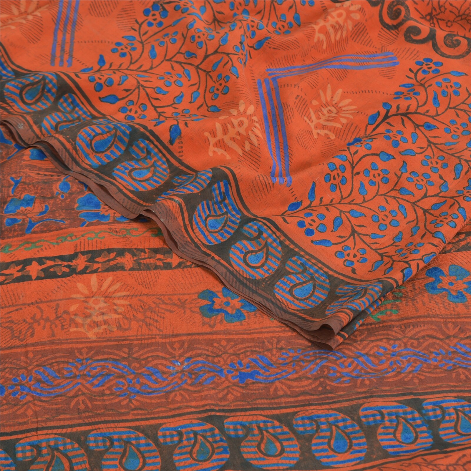 Vintage Sari 100% Pure Crepe Silk Sarees Orange Printed 5Yd Craft FabricBy KreatvKraft