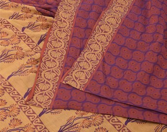Tela de sari vintage de algodón puro tejido: diseño floral morado y crema, 5 yardas de tela reciclada de sari indio de segunda mano KreatvKraft