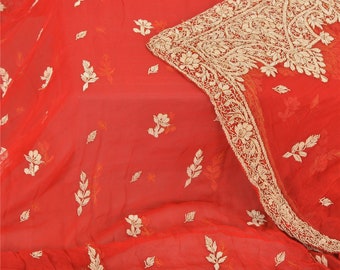 KreatvKraft Vintage Indian Wedding Dupatta Pure Chiffon Silk Red Hand Embroidered Zardozi Stole