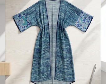 KreatvKraft Boho Silk Kimono Duster Jacket, Upcycled Pure Silk Robe, Blue Vintage Kimono Shrug for Women, Luxury Resort Wear