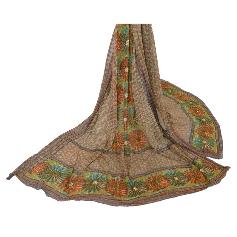 KK Vintage Dupatta Long Stole Pure Chiffon Silk Veil Hand Beaded Scarves