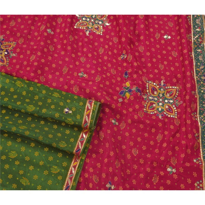 KK Vintage Multicolor Saree Art Silk Hand Beads Craft Premium Sari Fabric 5 Yard