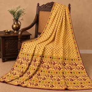Ikat Geometric Printed 100% Pure Cotton Vintage Saree Yellow Sari 5+Yd Craft Fabric Supplies Home Decor, Sewing, DIY Projects By KreatvKraft
