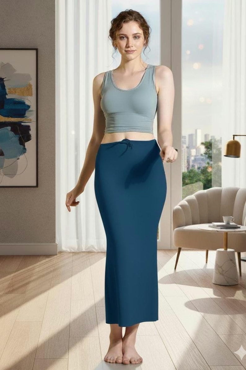 KreatvKraft Cotton Blend sari Petticoat | Saree Shapewear Style, Long Fit Dresses Underskirt for Women Adjustable Waist upholstery fabric Air Force Blue
