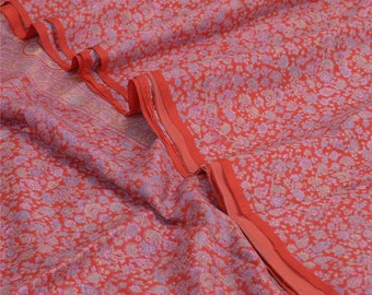 KreatvKraft Vintage Sari 100% Pure Silk Red/Pink Printed Sarees Craft 5 Yd Fabric