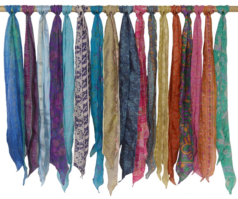 Wholesale Lot Of Vintage Pure Silk Recycle Sari Sashes Head Wrap Neck Tie Scarf Silk Belt and Sashes Soft Fabric-Crafting Use Silk Sashes image 2