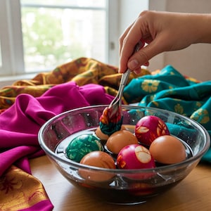Peut inclure: Un bol en verre rempli de teinture brune et d'œufs de Pâques colorés. Les œufs sont enveloppés de tissu et sont teints dans une variété de couleurs.