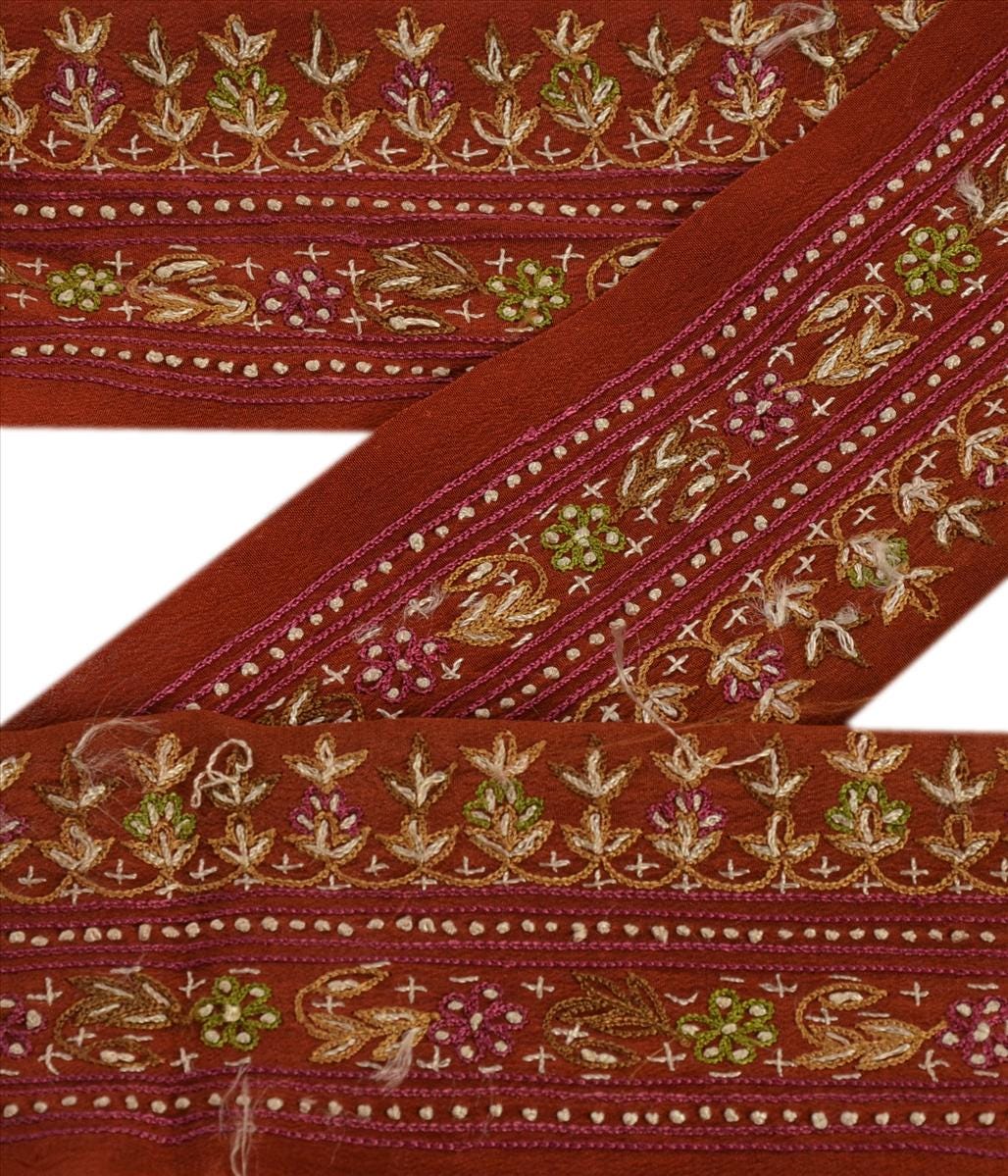 Hand Embroidered Silk Sari Border: Dark Red Craft Trim, 1 YardBy KreatvKraft