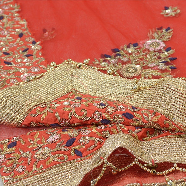 KreatvKraft Vintage Dupatta Net Mesh Red Hand Beaded Wrap Wedding Zardozi Stole